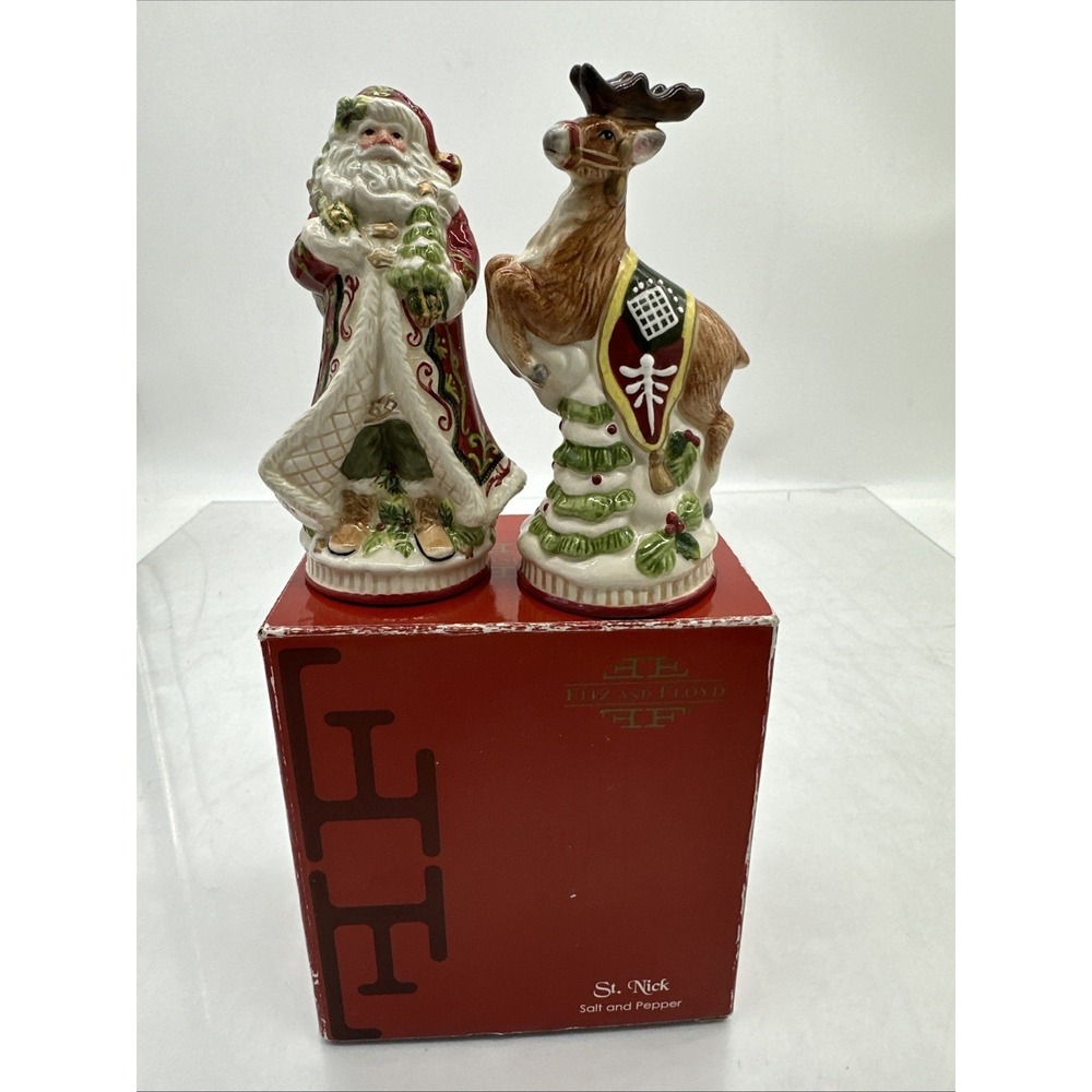Fitz and Floyd St Nick Shakers 2008 Santa Claus Reindeer Salt and Pepper